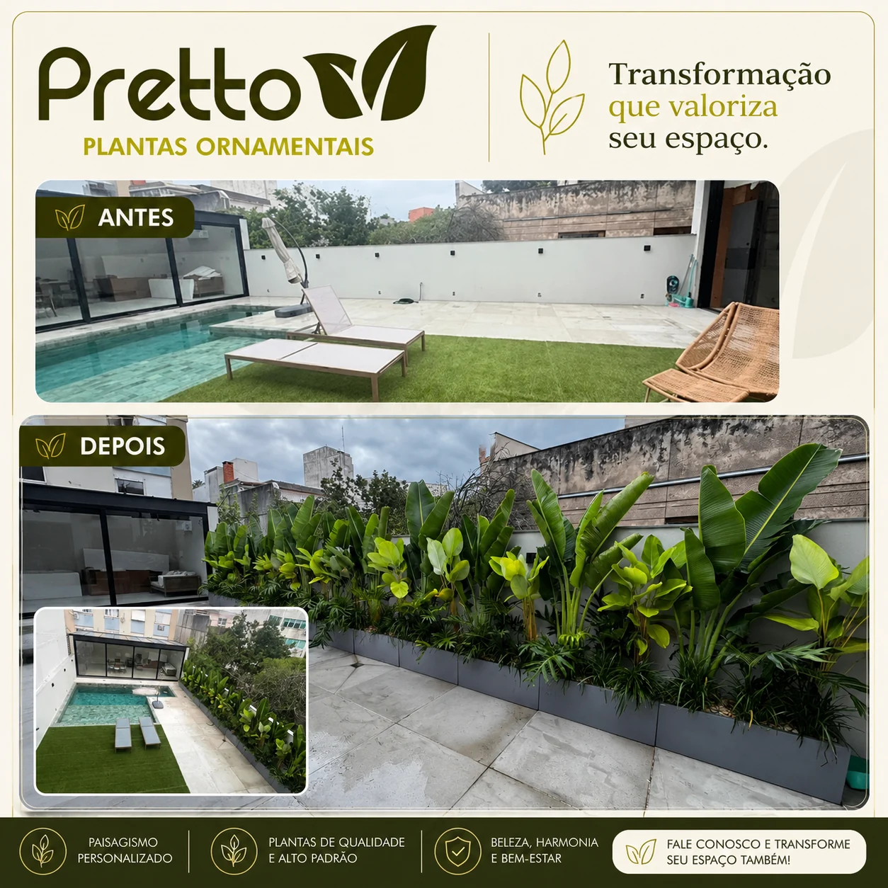 Antes e depois em uma área externa com piscina: antes, um muro sem jardim vertical; depois, um conjunto de floreiras com folhagens ornamentais de diferentes alturas. Arte com a identidade Pretto Plantas.