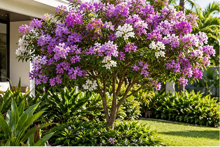 Referência ilustrativa de árvore ornamental com flores rosadas em jardim