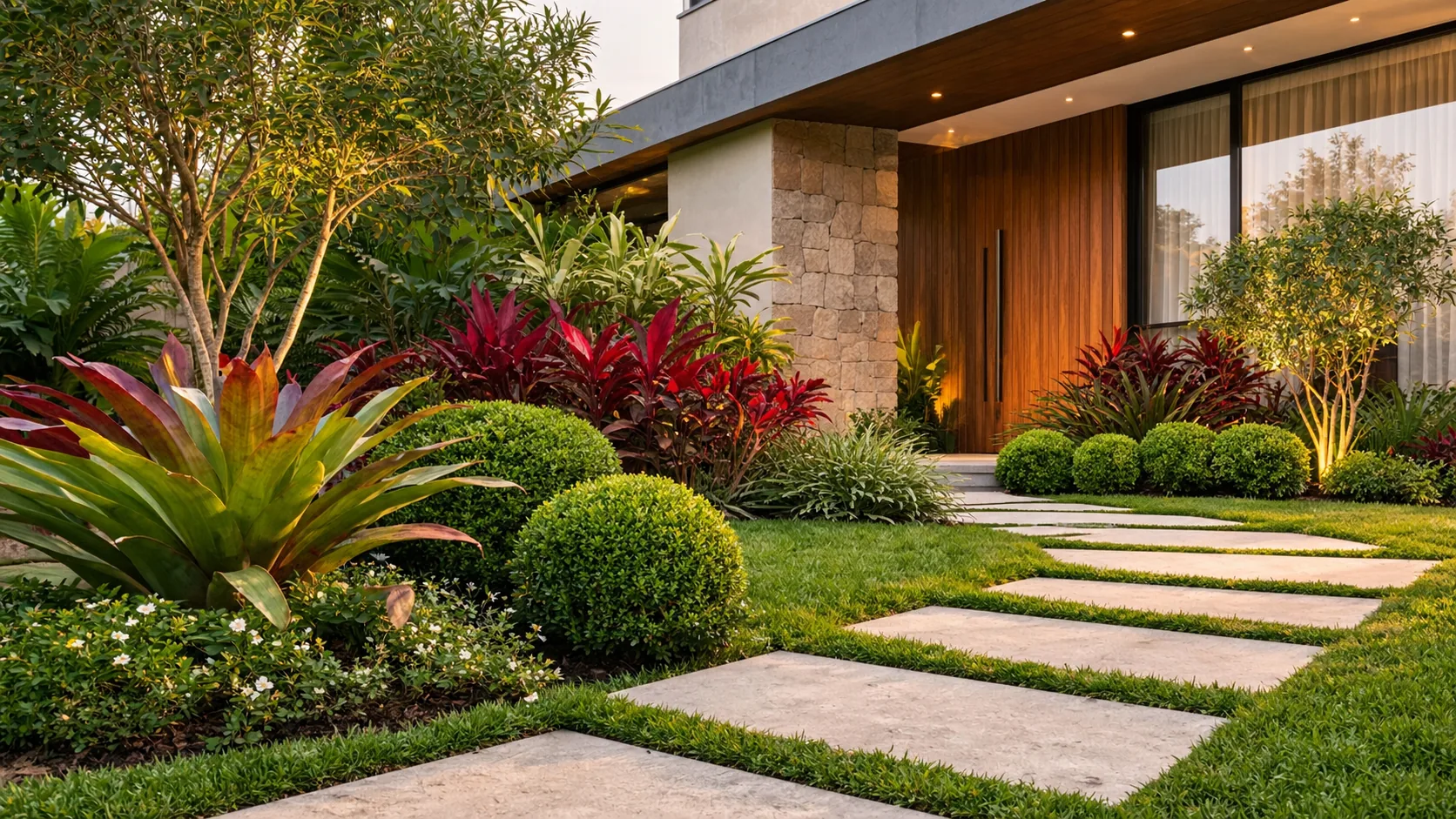 Referência ilustrativa de jardim em residência contemporânea com caminhos e diferentes folhagens